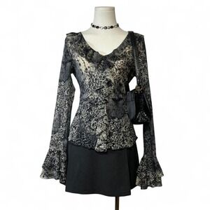 Y2K Karen Kane Sheer Lace RuffledTop Womens M Whimsigoth Fairy Grunge